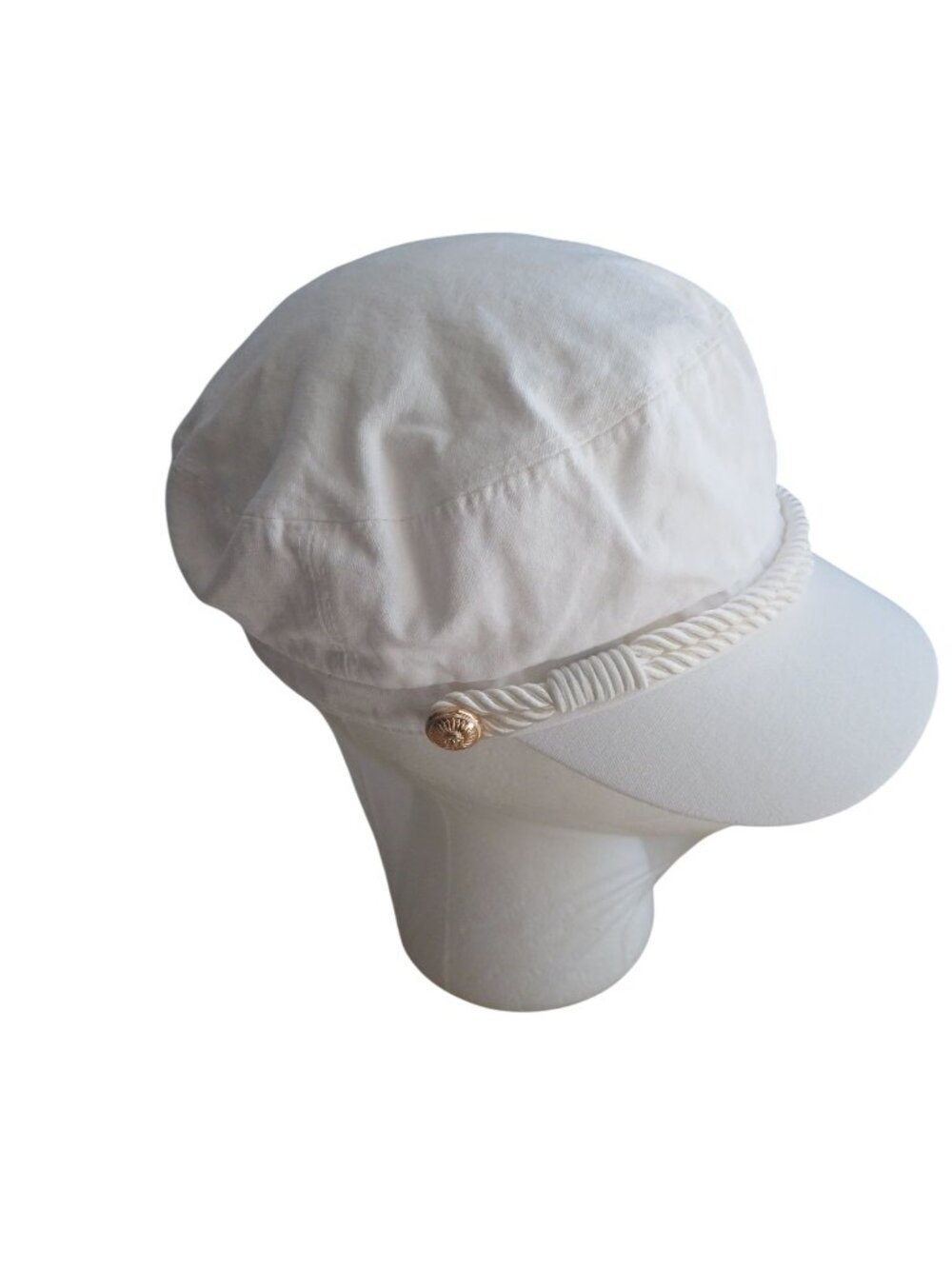 Hat Attack Cotton White Yacht Rock Sailor Cap Rope Detail Gold Button Accents S